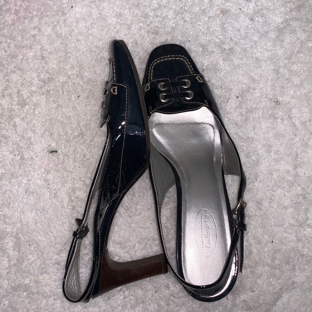 Talbots Blue Patent Laced Slingback Wood Heel